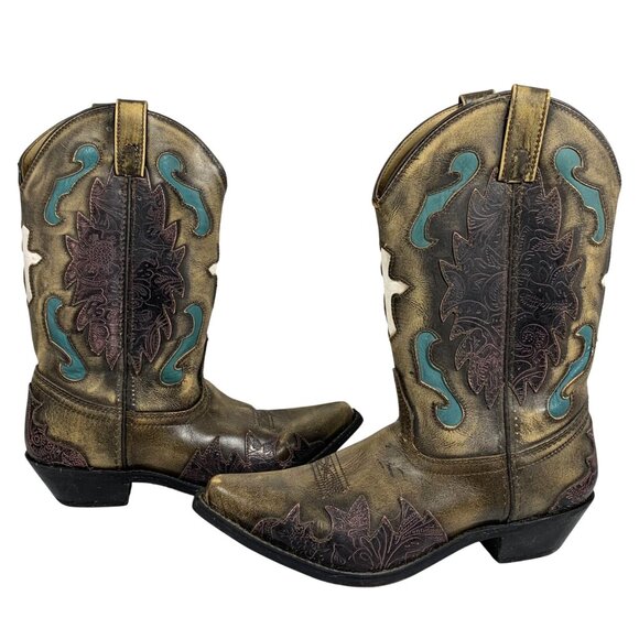 Smoky Mountain Women’s Boots Brown Turquoise Leather Distressed Crosses SZ 7D - Picture 1 of 9